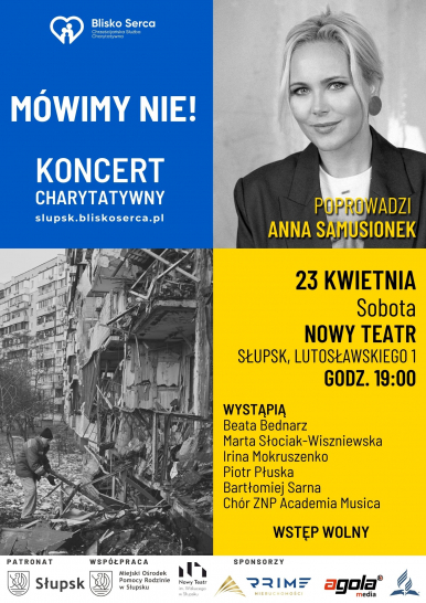 Plakat koncertu ze zdjęciem zburzonego budynku i obok fotografia Anny Samusionek